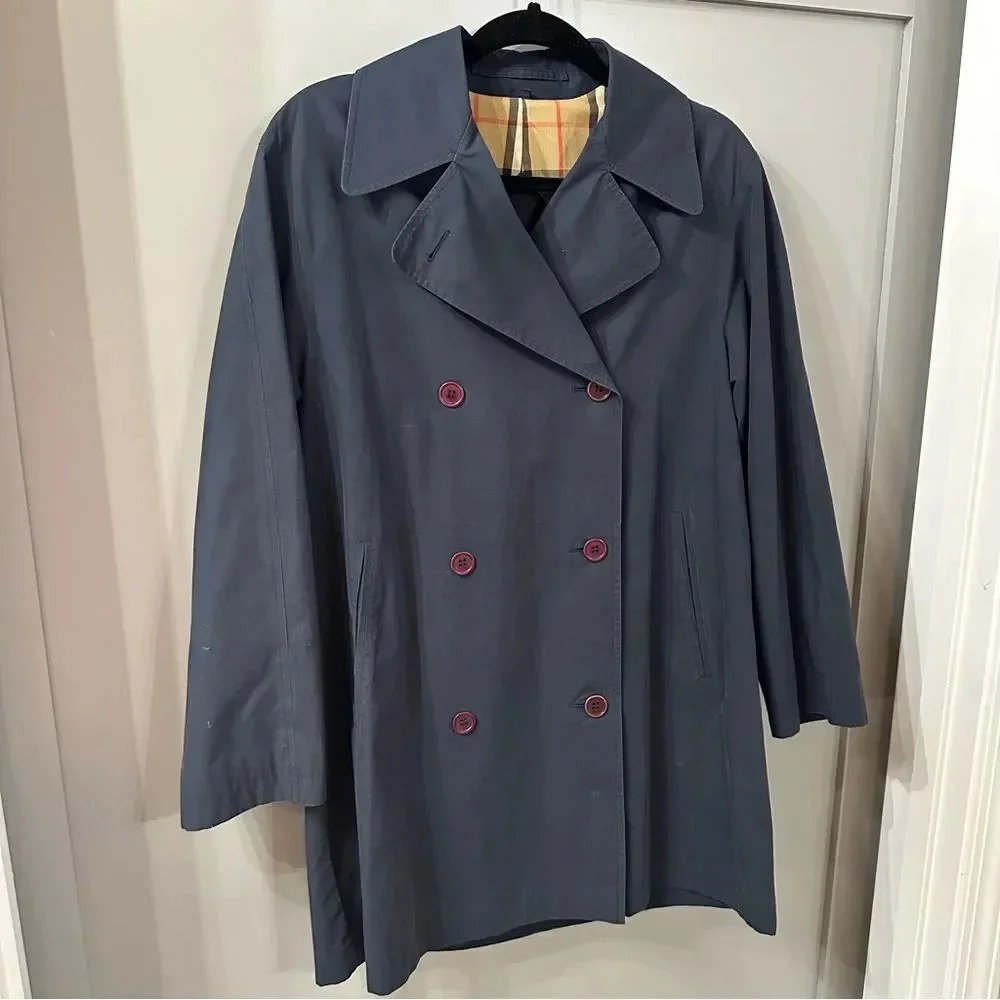 Vintage Burberry Trench Coat Burberrys’ Navy Blue Trench Coat Button Up Size XS - Picture 2 of 8